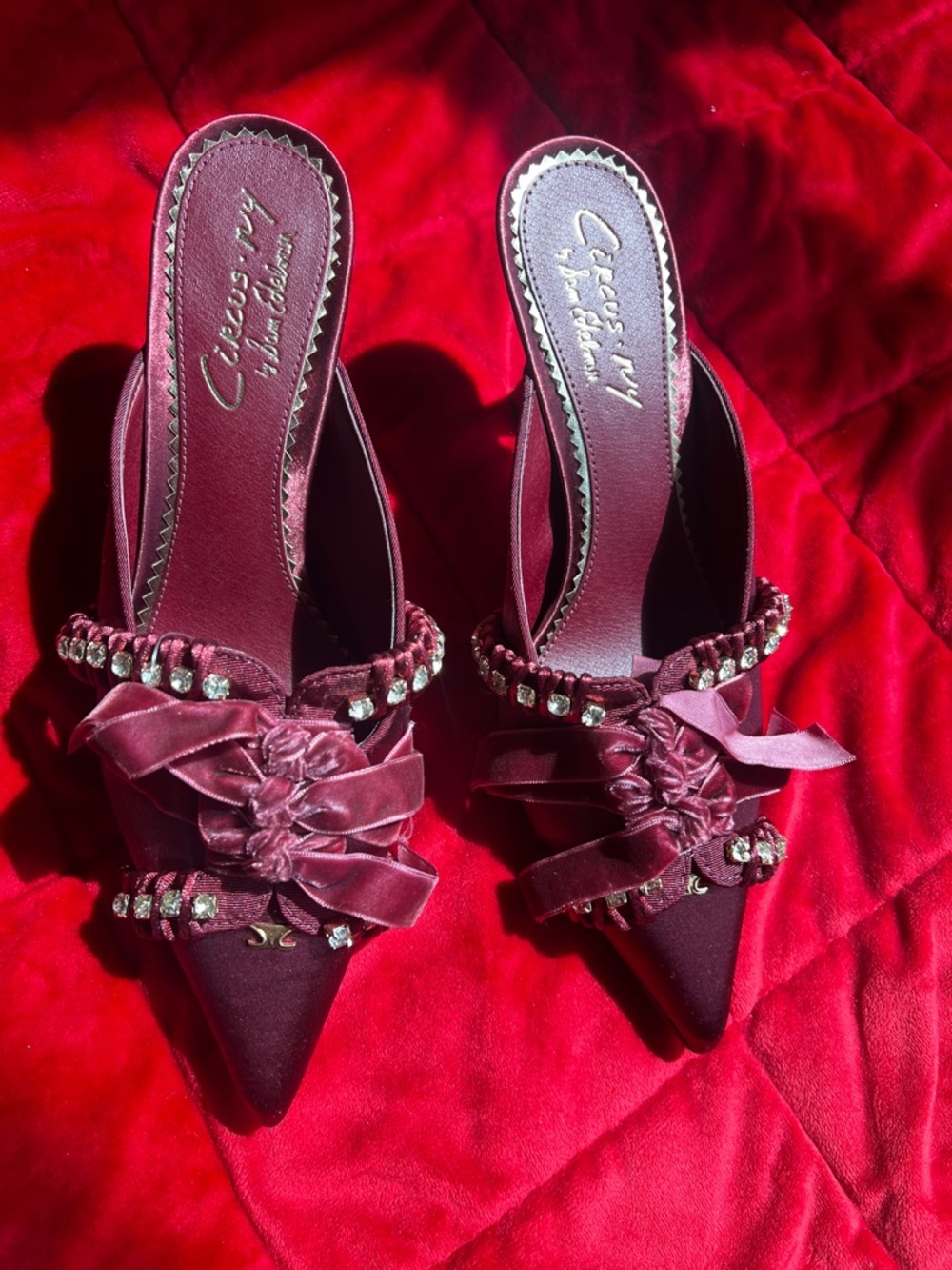 Circus by Sam Edelman Wine/Burgundy Satin Pointed-Toe Embellished Mules
